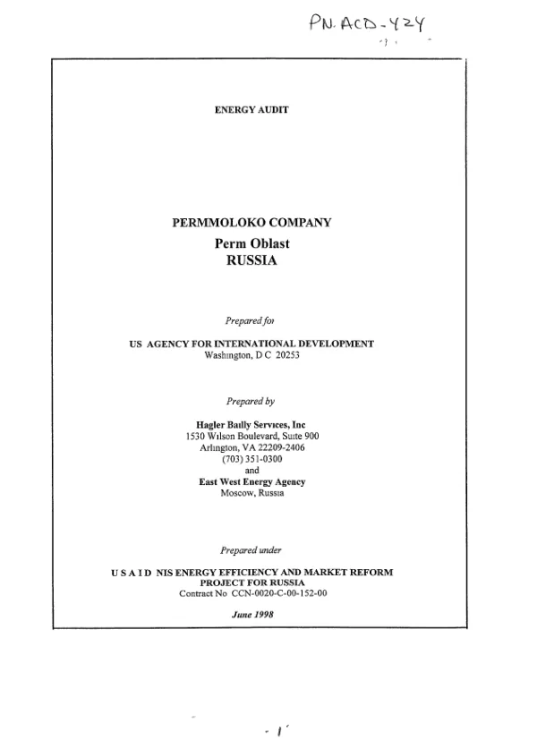 Energy audit : Permmoloko Company, Perm Oblast, Russia