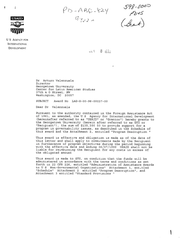 USAID award no. LAG-A-00-98-00037-00 to Georgetown University to provide support for a program in governability issues
