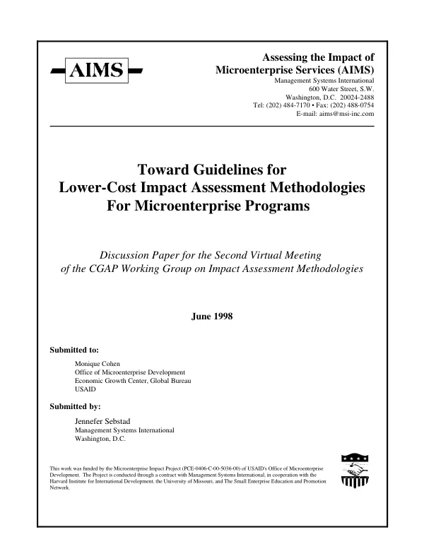 Toward guidelines for lower-cost impact assessment methodologies for microenterprise programs : discussion paper for the second virtual meeting of the CGAP [Consultative Group to Assist the Poorest] working group on impact assessment methodologies