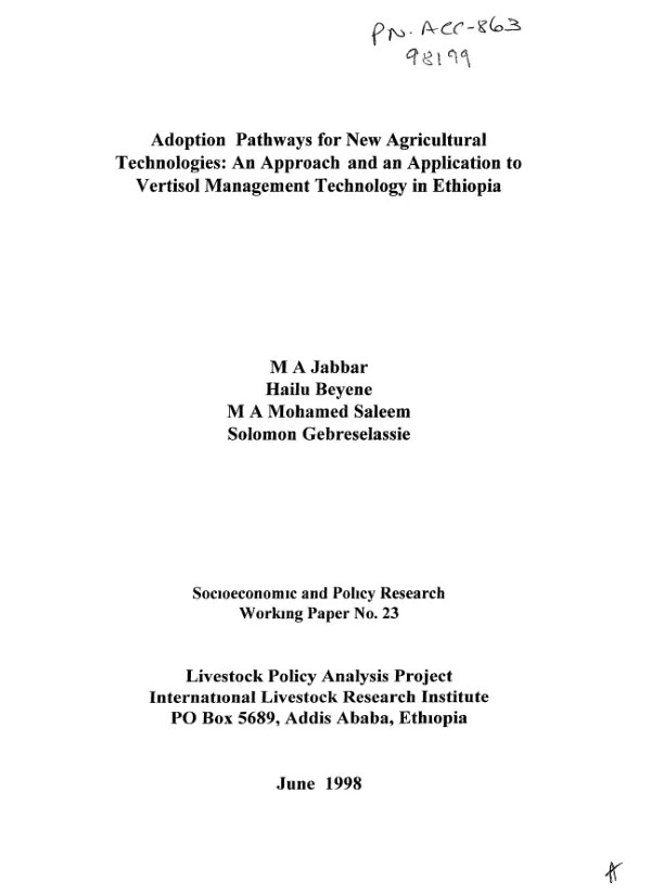 Adoption pathways for new agricultural technologies : an approach and an application to vertisol management technology in Ethiopia