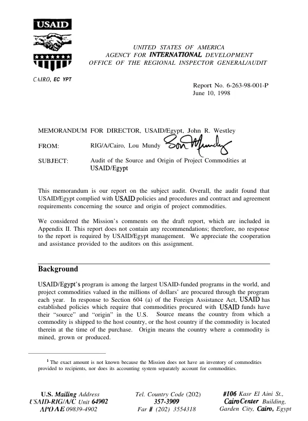 Audit of the source and origin of project commodities at USAID/Egypt
