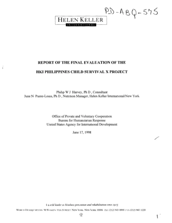 Report of the final evaluation of the HKI [Helen Keller International] Philippines child survival X project