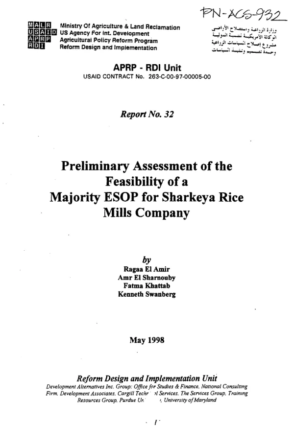Preliminary assessment of the feasibility of a majority ESOP [employee stock ownership program] for Sharkeya Rice Mills Company