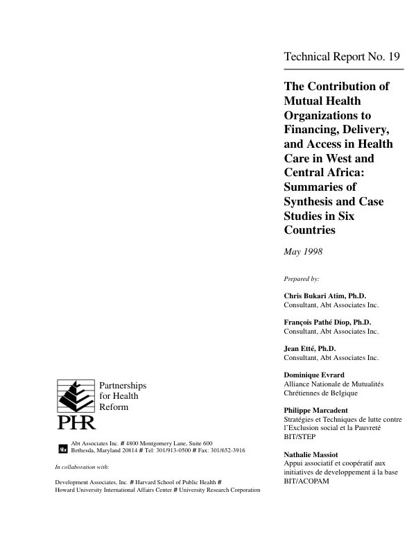 Contribution of mutual health organizations to financing, delivery, and access in health care in West and Central Africa : summaries of synthesis and case studies in six countries