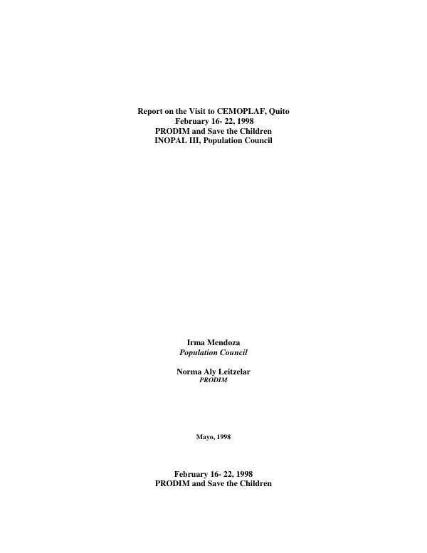 Report on the visit to CEMOPLAF, Quito : February 16-22, 1998, PRODIM and Save the Children, INOPAL III, Population Council