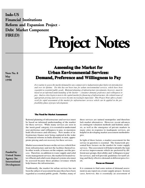 Assessing the market for urban environmental services : demand, preference and willingness to pay [WTP]