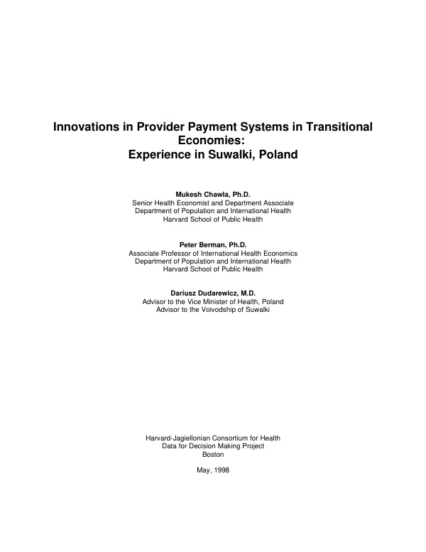 Innovations in provider payment systems in transitional economies : experience in Suwalki, Poland