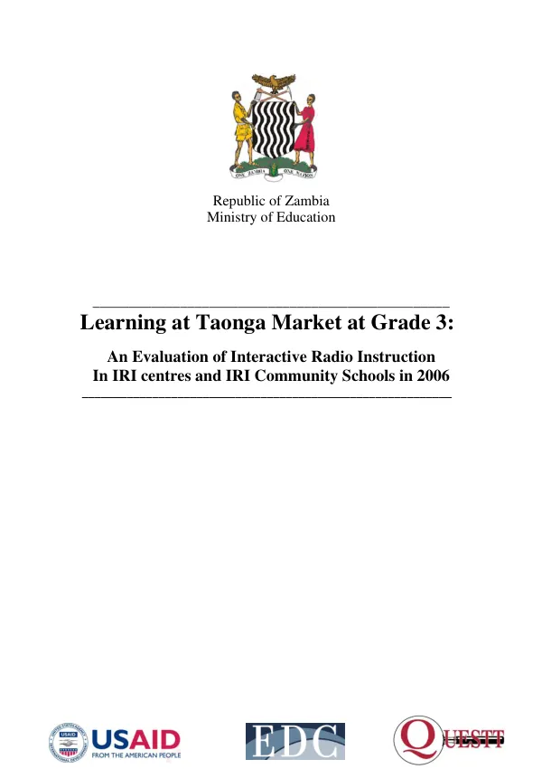 Learning at Taonga market at grade 3 : an evaluation of interactive radio instruction in IRI centers and IRI community schools in 2006