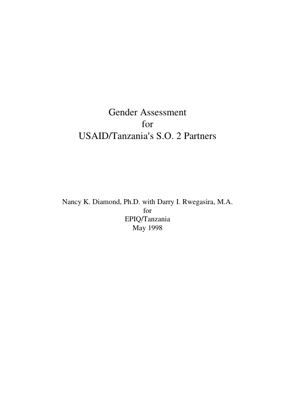 Gender assessment for USAID/Tanzania"s S.O. 2 partners