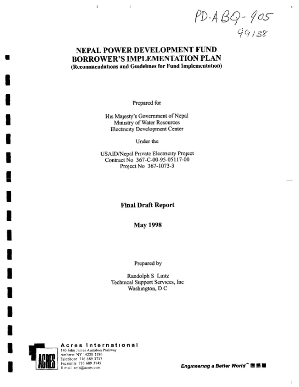 Nepal power development fund borrower"s implementation plan (recommendations and guidelines for fund implementation) -- final draft report