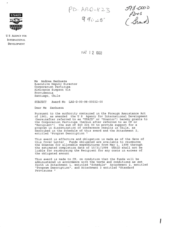 USAID award no. LAG-A-00-98-00032-00 to Corporacion Participa to provide support for a program entitled "citizen participation in the context of the summit of the Americas"