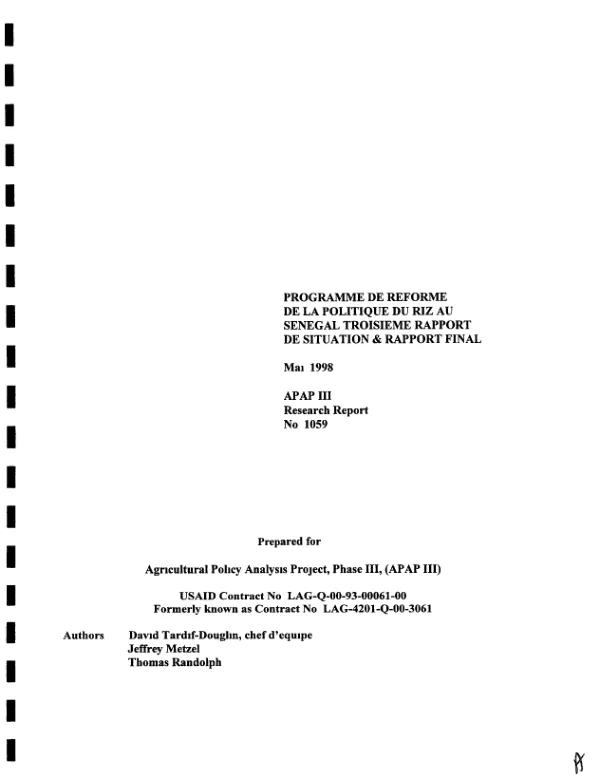 Programme de reforme de la politique du riz au Senegal : troisieme rapport de situation & rapport final
