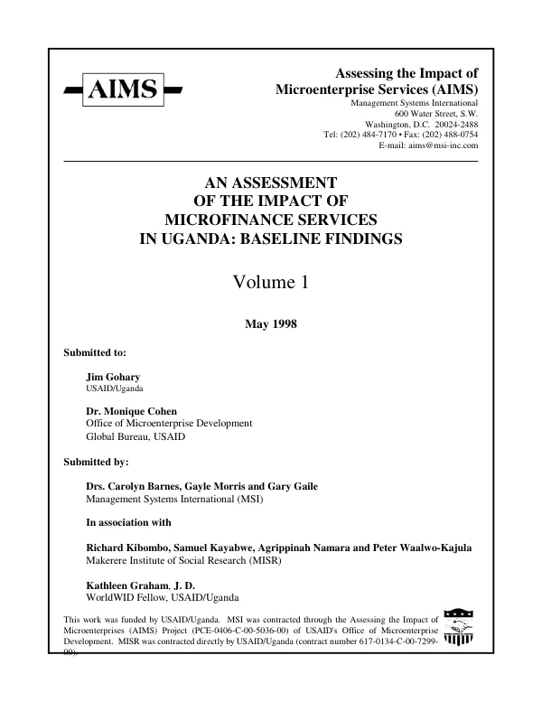 Assessment of the impact of microfinance services in Uganda : baseline findings