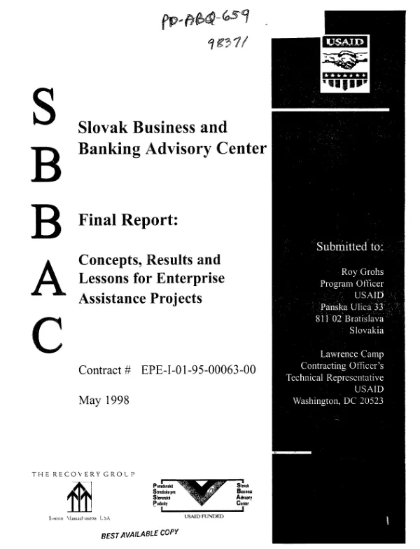 Slovak Business and Banking Advisory Center -- final report : concepts, results and lessons for enterprise assistance projects