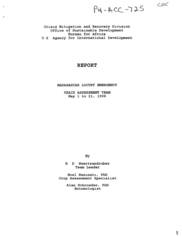 Report : Madagascar locust emergency -- USAID assessment team, May 1 to 21, 1998