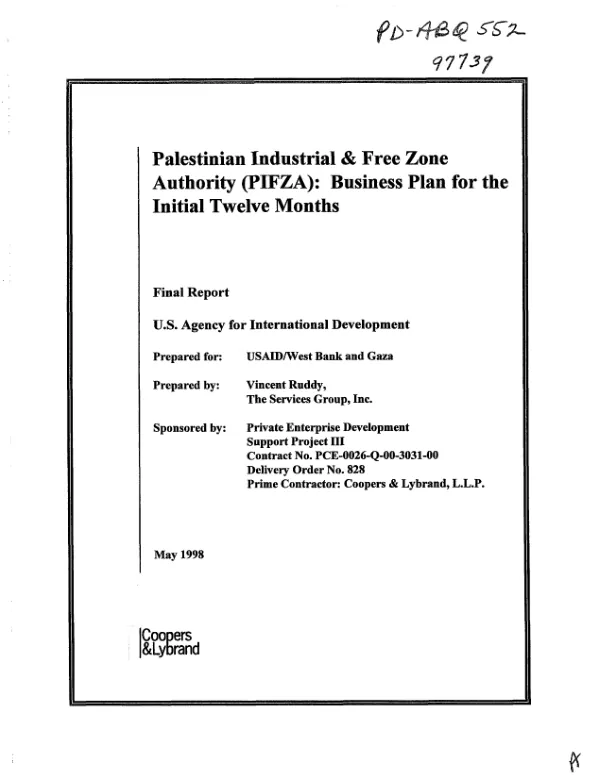 Palestinian Industrial & Free Zone Authority (PIFZA) : business plan for the initial twelve months : final report