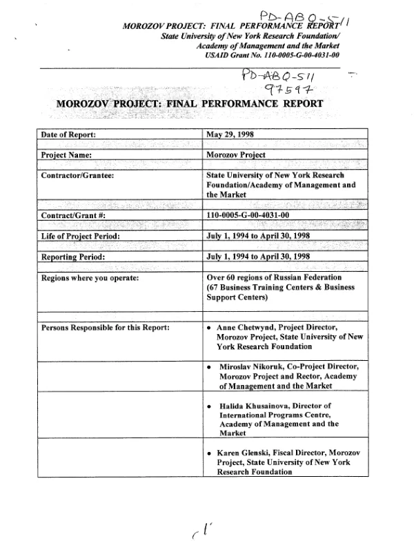 Morozov project : final performance report -- State University of New York Research Foundation/Academy of Management and the Market : USAID grant no. 110-0005-G-00-4031-00