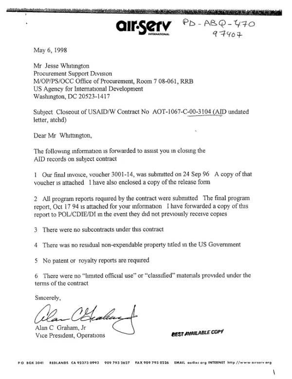 Final report : Air Serv International contract no. AOT-1067-C-00-3104-00 for flight services in Mozambique