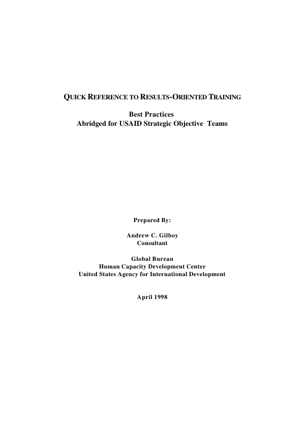 Quick reference to results-oriented training : best practices abridged for USAID strategic objective teams