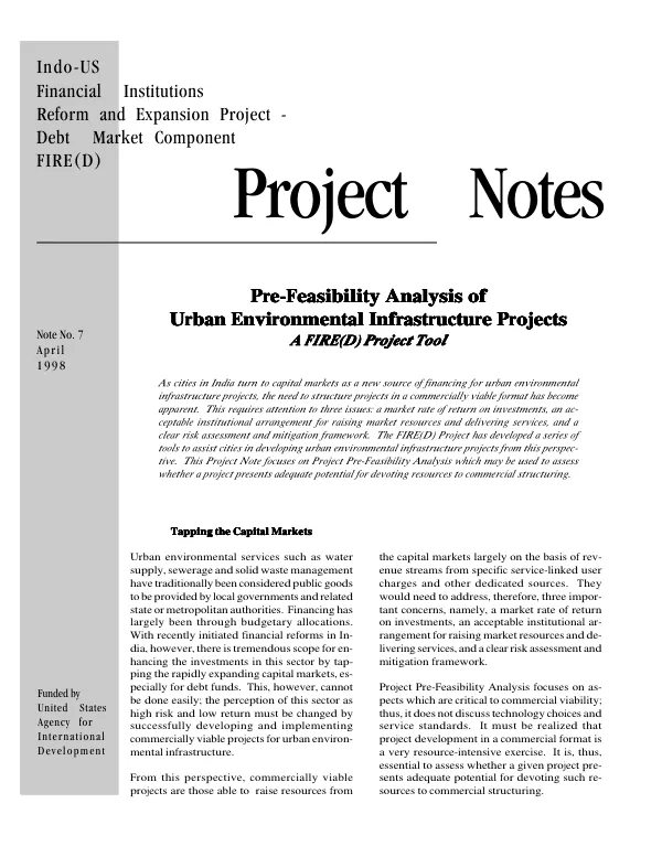 Pre-feasibility analysis of urban environmental infrastructure projects : a FIRE(D) project tool