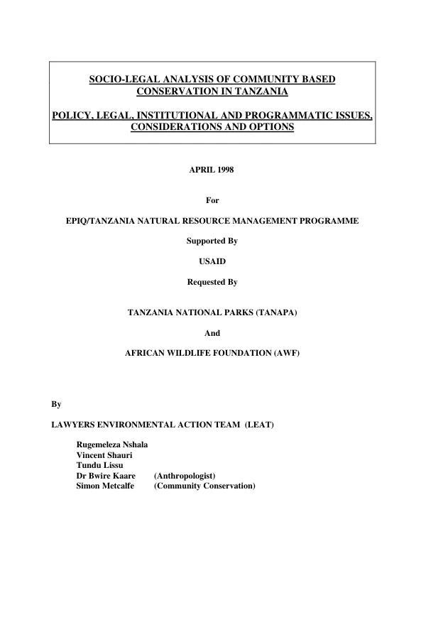 Socio-legal analysis of community-based conservation in Tanzania : policy, legal, institutional and programmatic issues, considerations, and options
