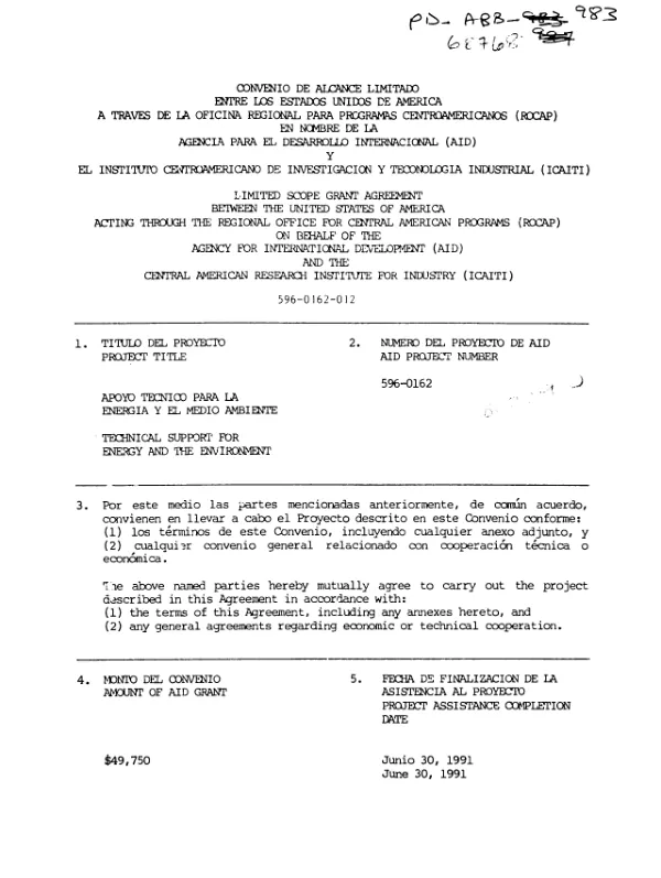 Limited scope grant agreement between the United States of America acting through the Regional Office for Central American Programs (ROCAP) on behalf of the Agency for International Development (AID) and the Central American Research Institute for Industry (ICAITI)