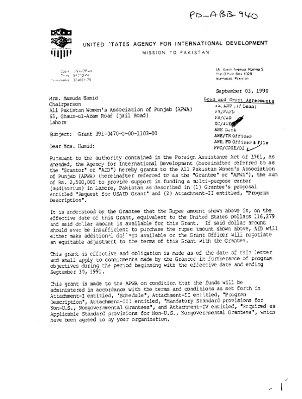 AID grant no. 391-0470-G-00-1103-00 to All Pakistan Women"s Association of Punjab (APWA) for a multi-purpose center (auditorium) in Lahore, Pakistan