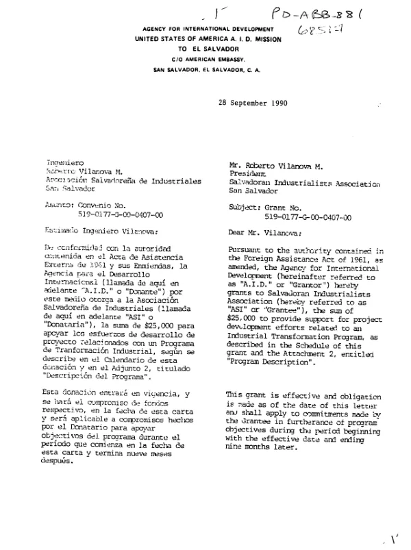 AID grant no. 519-0177-G-00-0407-00 to Salvadoran Industrialists Association for an industrial transformation program