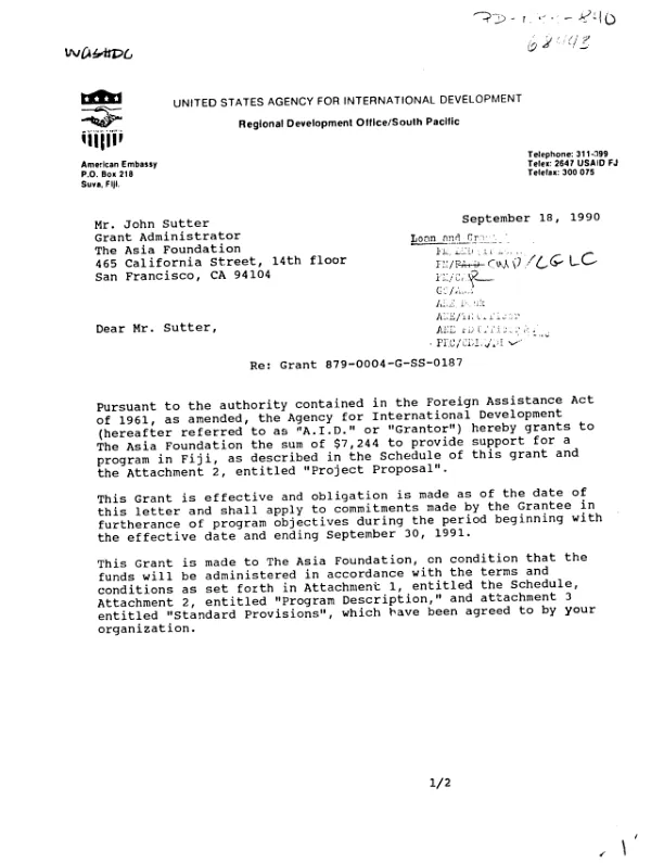 AID grant agreement no. 879-0004-G-SS-0187 to The Asia Foundation for the Fiji judicial staff training (consultant) activity