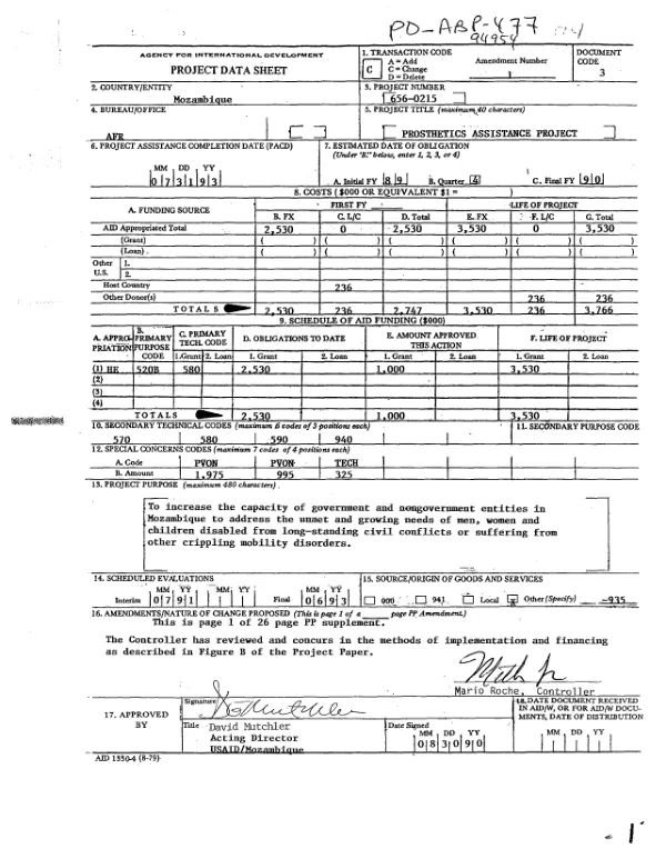 Prosthetics assistance project : amendment no. 1