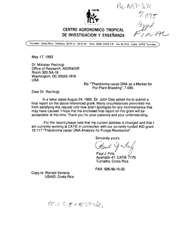 Final report -- covering period July 31, 1987 to August 1, 1990 : theobroma cacao DNA as a marker for plant breeding