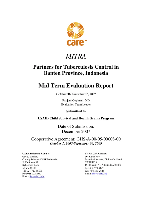 MITRA, partners for tuberculosis control in Banten Province, Indonesia : mid term evaluation report
