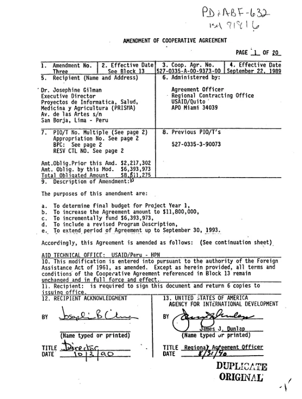 Amendment no. 3 of the AID cooperative agreement with Proyectos de Informatica, Salud, Medicina y Agricultura (PRISMA) in a project to improve the ability of the private voluntary sector to deliver services, focusing on long - lasting contraceptive methods and maintaining support for temporary supply methods and natural family planning methods