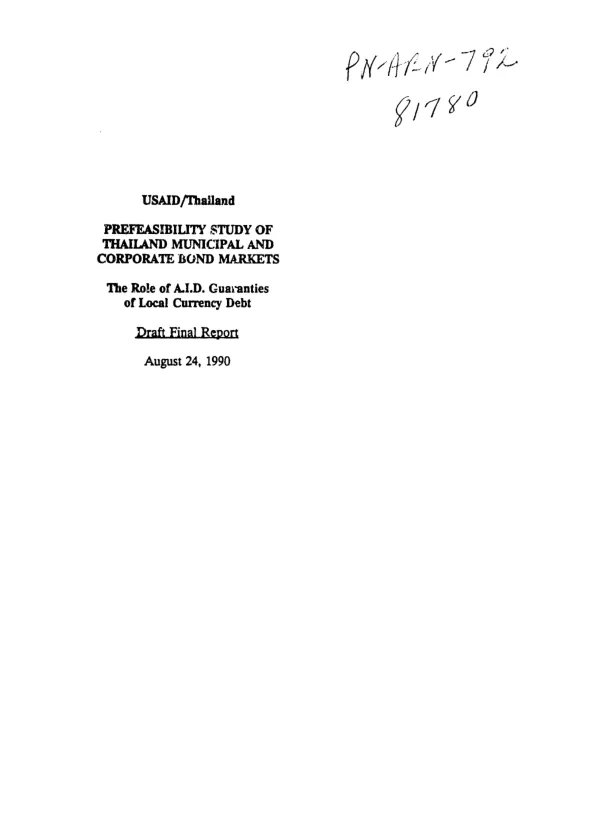 Prefeasibility study of Thailand municipal and corporate bond markets : the role of AID guaranties of local currency debt