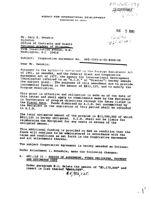 AID cooperative agreement no. DPE-5545-A-00-8068-06 with the National Academy of Sciences : amendment no. 6