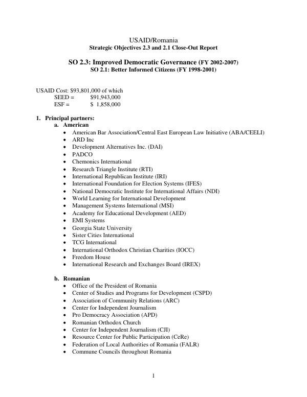 USAID/Romania : strategic objectives 2.3 and 2.1 close-out report