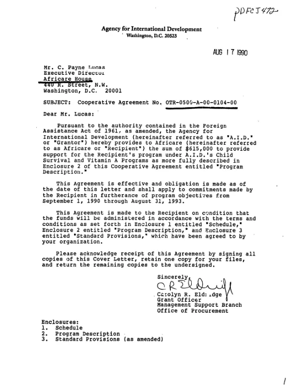 AID cooperative agreement no. OTR-0500-A-00-0104-00 with Africare to provide support for the child survival project projects in Bolivia
