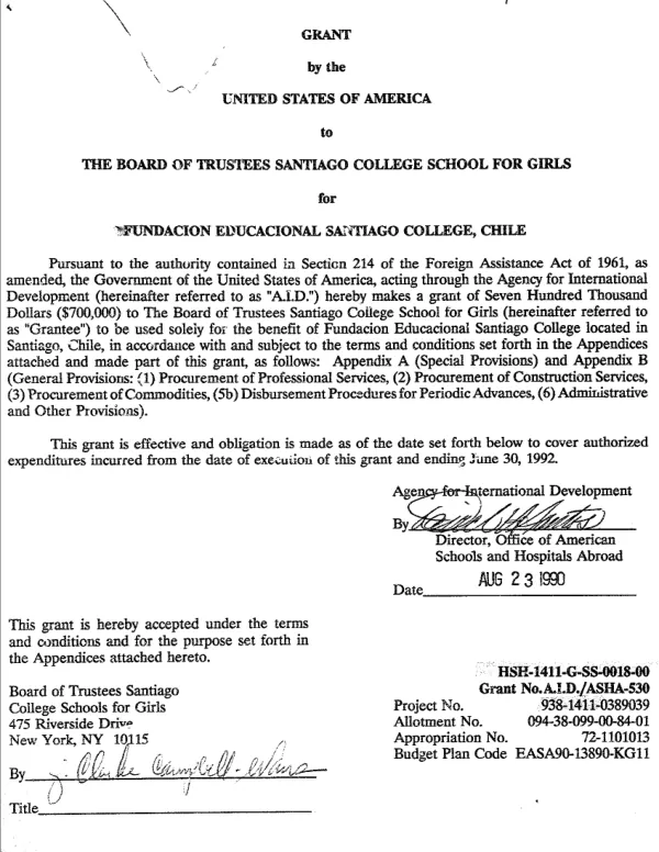 Grant by the United States of America to the Board of Trustees Santiago College School for Girls for Fundacion Educational Santiago College, Chile