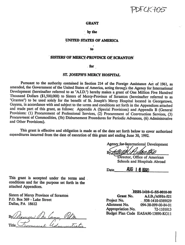 Grant by the United States of America to Sisters of Mercy - Province of Scranton for St. Joseph"s Mercy Hospital, Georgetown, Guyana