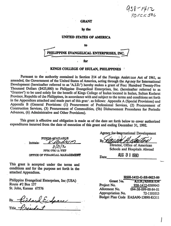 Grant by the United States of America to Philippine Evangelical Enterprises, Inc. for Kings College of Isulan, Philippines