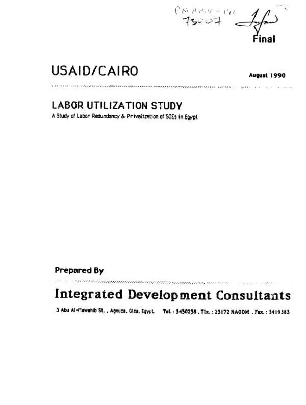 Labor utilization study : a study of labor redundancy and privatization of SOEs in Egypt