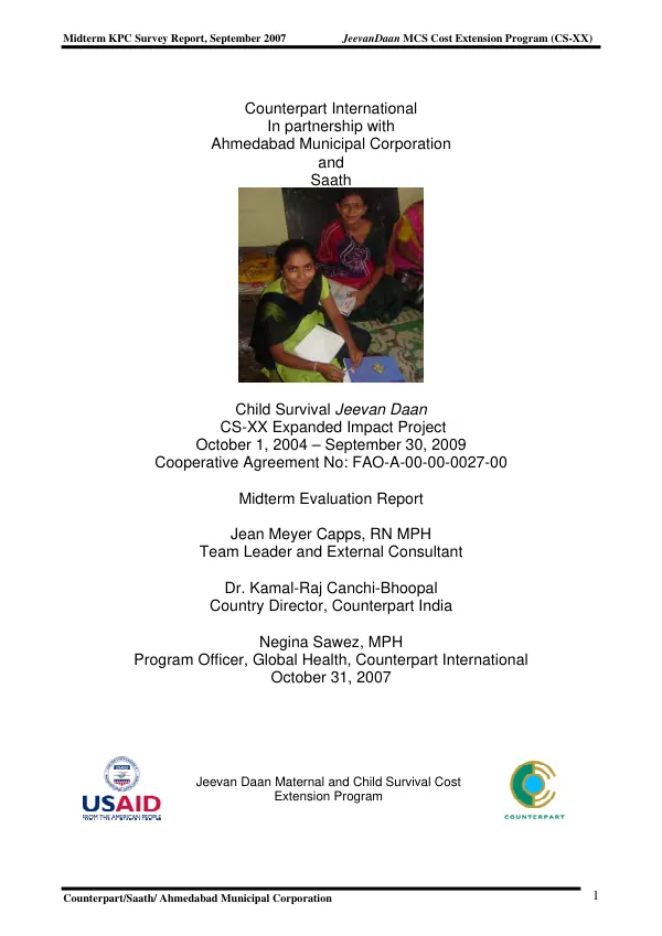 Child survival Jeevan Daan : CS-XX expanded impact project, October 1, 2004-September 30, 2009 -- cooperative agreement no. FAO-A-00-00-00027-00 : midterm evaluation report