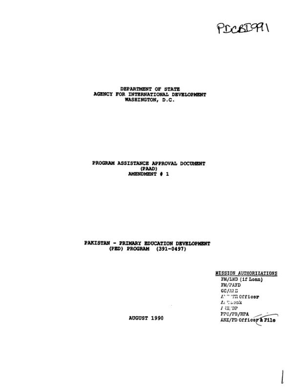 Pakistan : primary education development (PED) program (391-0497) -- amendment no. 1