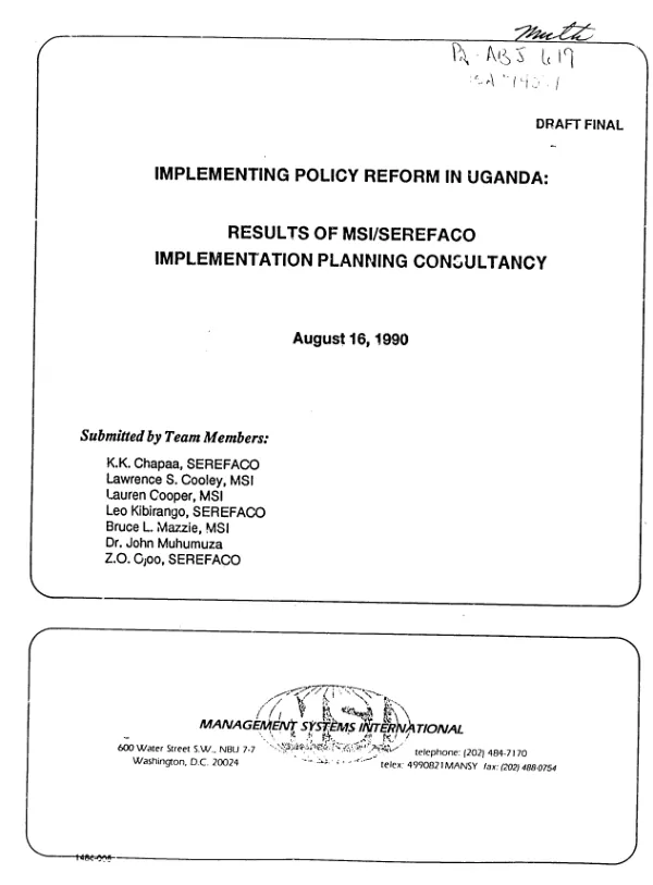 Implementing policy reform in Uganda : results of MSI/SEREFACO implementation planning consultancy
