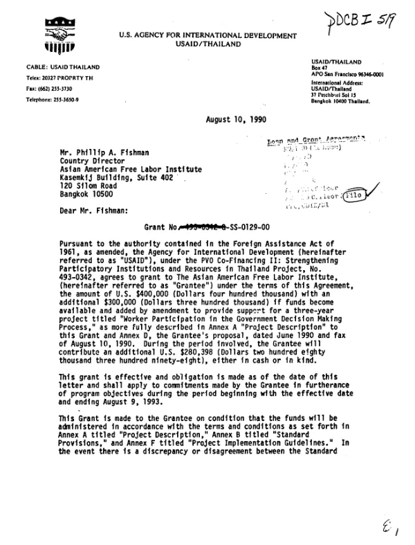 AID grant no. 493-0342-G-SS-0129-00 to the Asian American Free Labor Institute for a project to enhance the effectiveness of the Thai labor movement