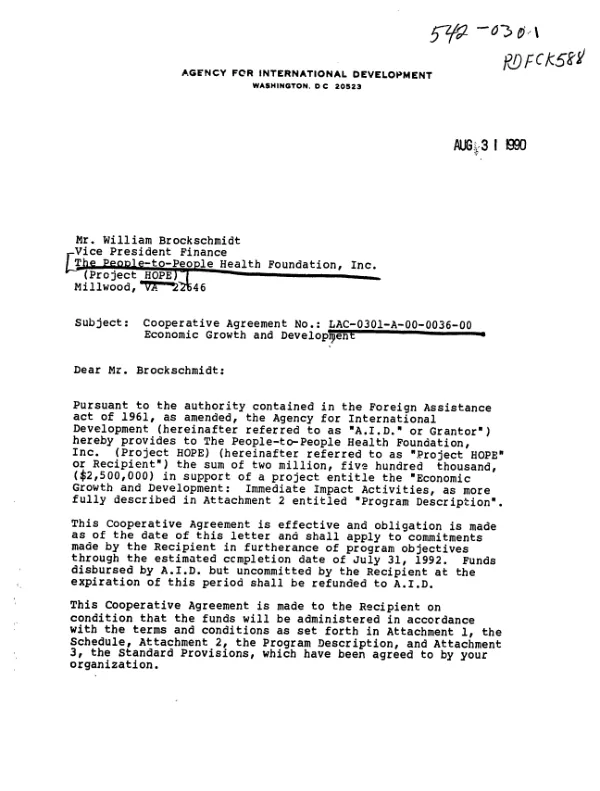 AID cooperative agreement no. LAC-0301-A-00-0036-00 (economic growth and development) with the People-to-People Health Foundation, Inc. (Project HOPE)