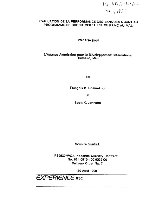 Evaluation de la performance des banques quant au programme de credit cerealier du PRMC au Mali