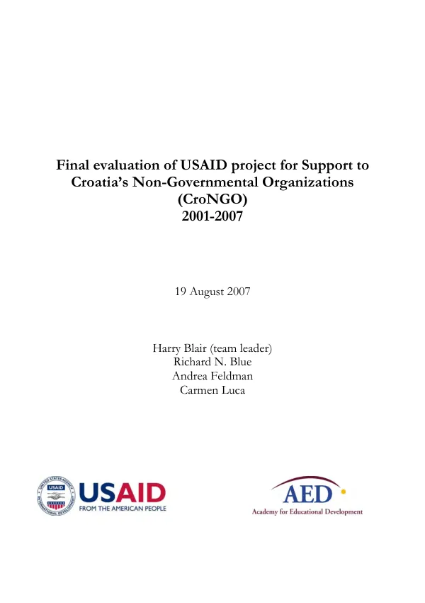 Final evaluation of USAID project for support to Croatia's non-governmental organizations (CroNGO) 2001-2007