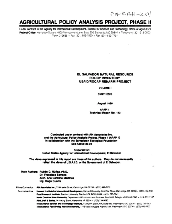 El Salvador natural resource policy inventory : USAID/ROCAP RENARM [regional environmental and natural resource management] project