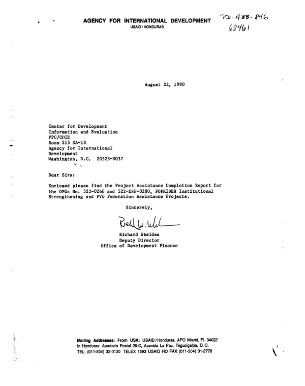 Project assistance completion report : OPGs no. 522-0266 and 522-ESF-0280 FOPRIDEH institutional strengthening and PVO federation assistance projects